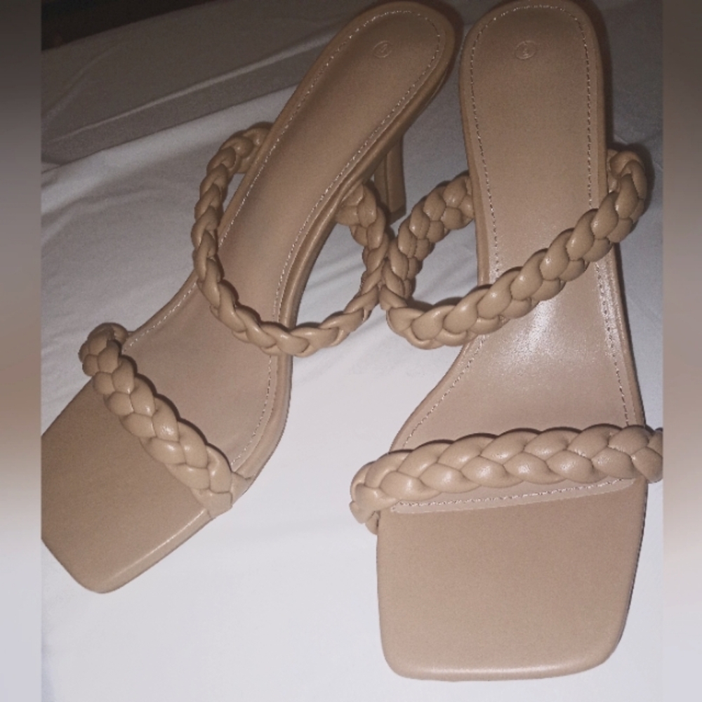 Strappy open toe braided slip on heel